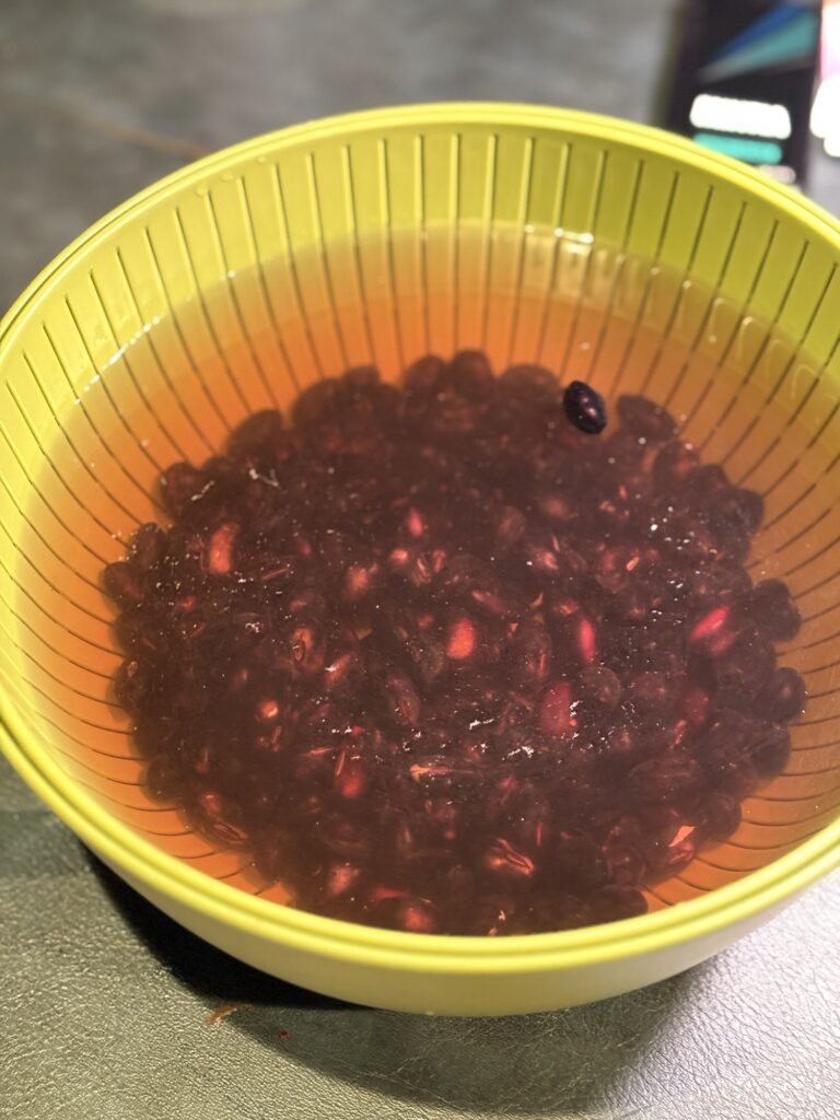 黒豆をたっぷりの水に一晩浸けて戻している様子