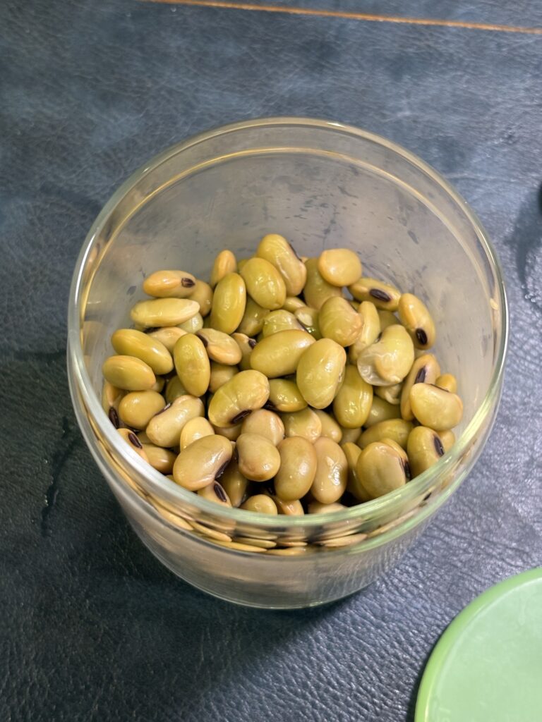 保存瓶に入れた蒸しひたし豆